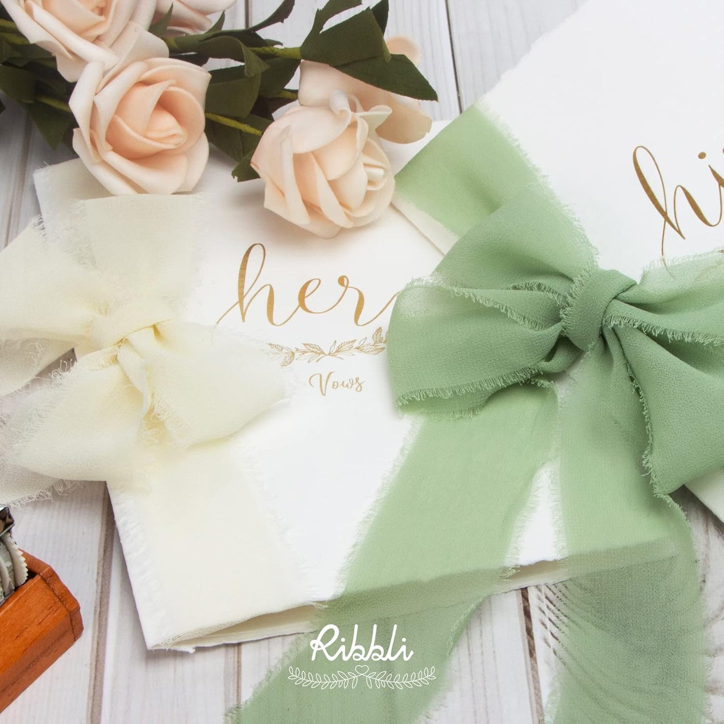 Ribbli Green Chiffon Ribbon1.5 inch x 30 Yard Handmade Silk Ribbon for Wrapping,Ivory Sage Forest Green Fringe Chiffon Ribbon for Wedding Invitations, Bridal Bouquets, Flower Arrangement Decoration