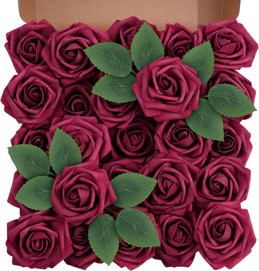 Artificial Flowers Foam Fake Roses 25pcs Dark Red Roses with Stems for Home Decor DIY Wedding Bouquets Party Bridal Shower Centerpieces Faux Flower Arrangements Tables Decorations