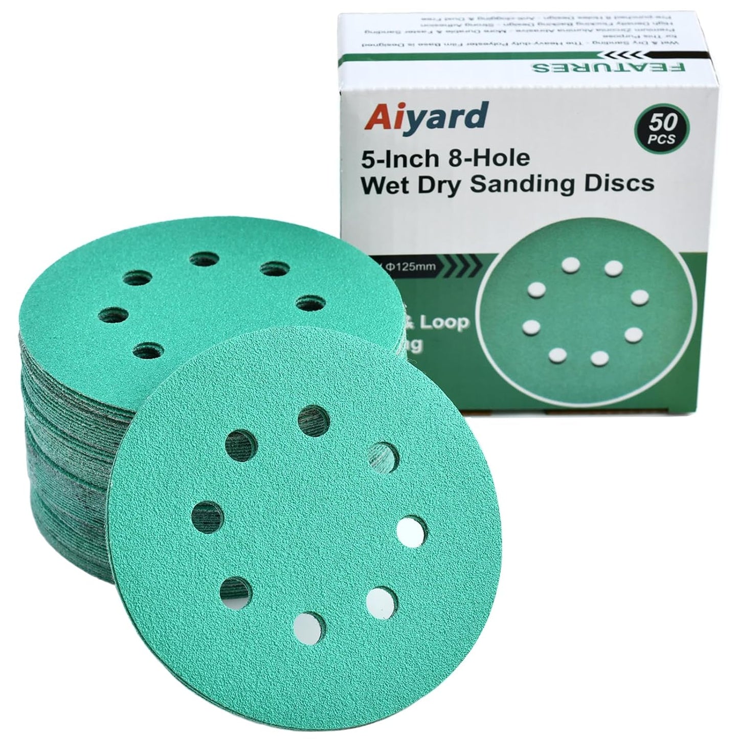 5-Inch 8-Hole Wet Dry Sanding Discs 80 Grit, Polyester Film Backed Heavy-Duty Hook and Loop Sandpaper for Random Orbital Sander, 50-Pack