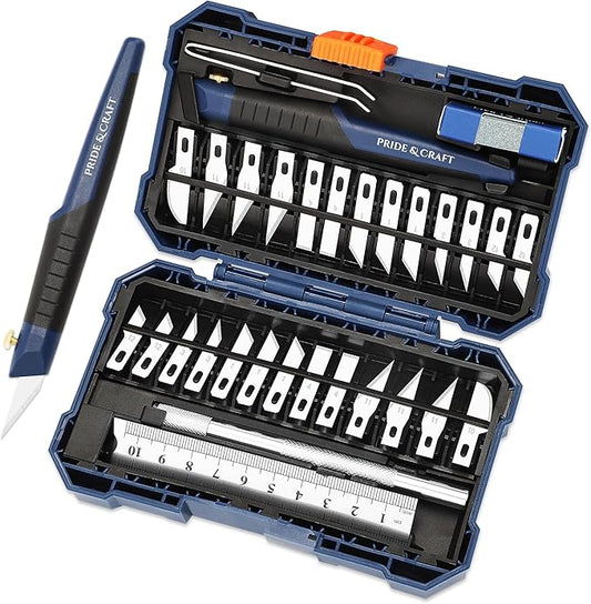 31-Piece Precision Hobby Knife Set for Crafting, Modeling & DIY Projects, Ultra-Sharp SK-Steel Blades for Detail Cutting on Paper, Plastic, Wood, Leather, Foam and Art Materials