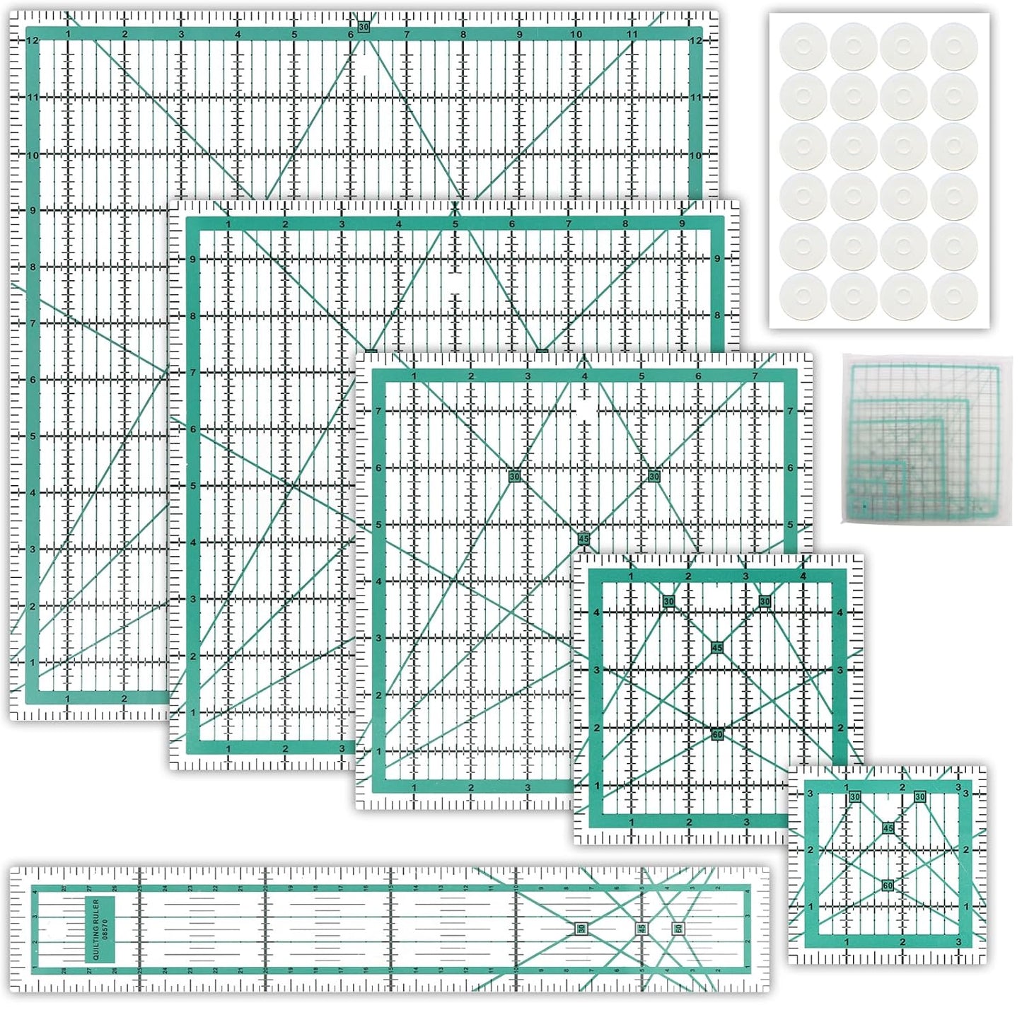 6 Pcs Quilting Rulers and Templates, Quilt Ruler, Acrylic Square Ruler, with Silicone Non-Slip Mat and Storage Bag (3.5"x3.5", 5"x5", 8"x8", 10"x10", 12.5"x12.5", 2"x12")