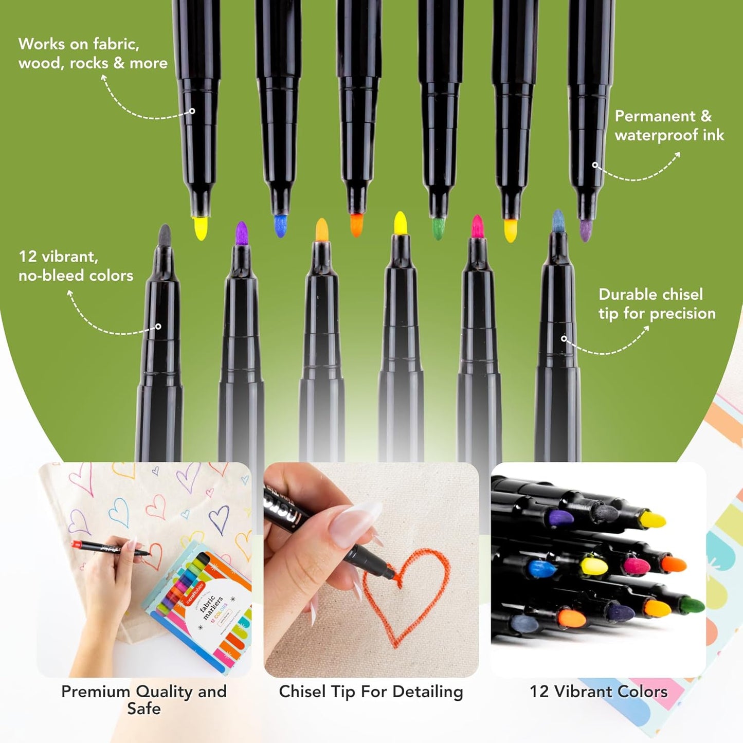 Incraftables Fabric Markers - 12 Pack Permanent Non-Bleed Markers for Clothes, Kids Crafts, Canvas Tote Bags, Quilting, & More - Vibrant Fabric Paint Pens