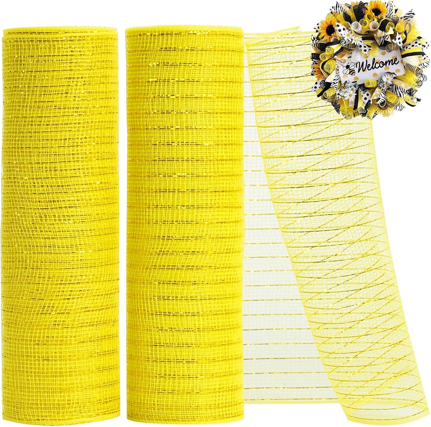 TONIFUL 2 Rolls 10 Inch Yellow Decorative Mesh Ribbbon Rolls, Fabric Mesh with Foil for Wreath Supplies, Front Door Wreath Crafts Tree Decor Christmas NewYears Halloween Decoration (10 yds/roll)