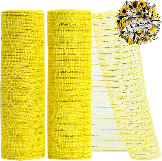 TONIFUL 2 Rolls 10 Inch Yellow Decorative Mesh Ribbbon Rolls, Fabric Mesh with Foil for Wreath Supplies, Front Door Wreath Crafts Tree Decor Christmas NewYears Halloween Decoration (10 yds/roll)