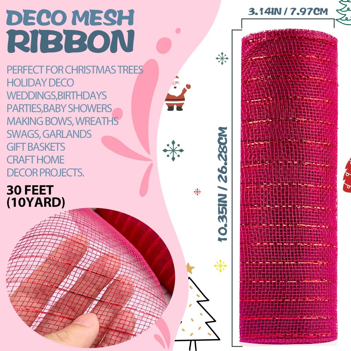 Anivia Deco Mesh Ribbon, 10inch x 30 Feet Each Roll Metallic Foil Mesh Ribbon for Wreaths Swags, Holloween, and Christmas Tree Decoration (Burgundy/Red Foil)