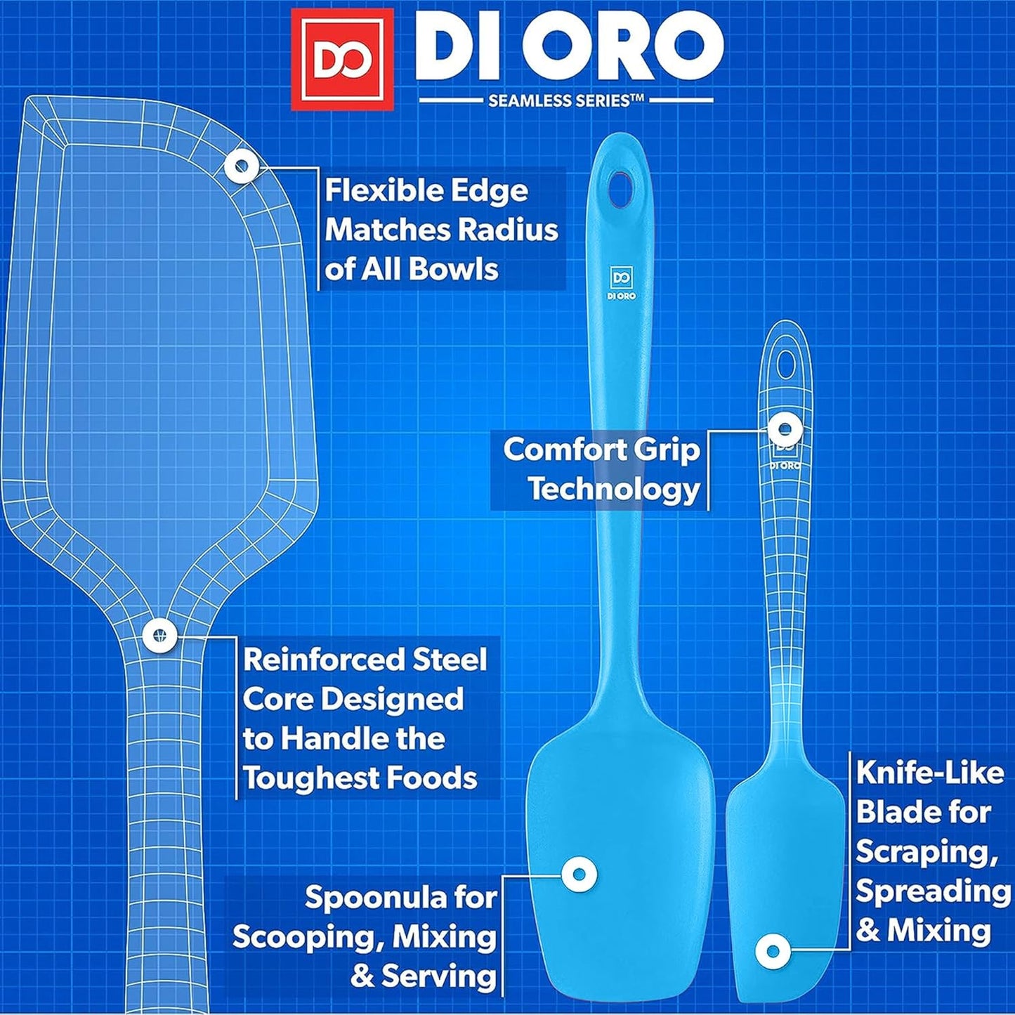DI ORO Silicone Spatula Set - Rubber Kitchen Spatulas for Baking, Cooking, & Mixing - 600°F Heat-Resistant & BPA Free Silicone Scraper Spatulas for Nonstick Cookware - Dishwasher Safe (4pc, Blue)