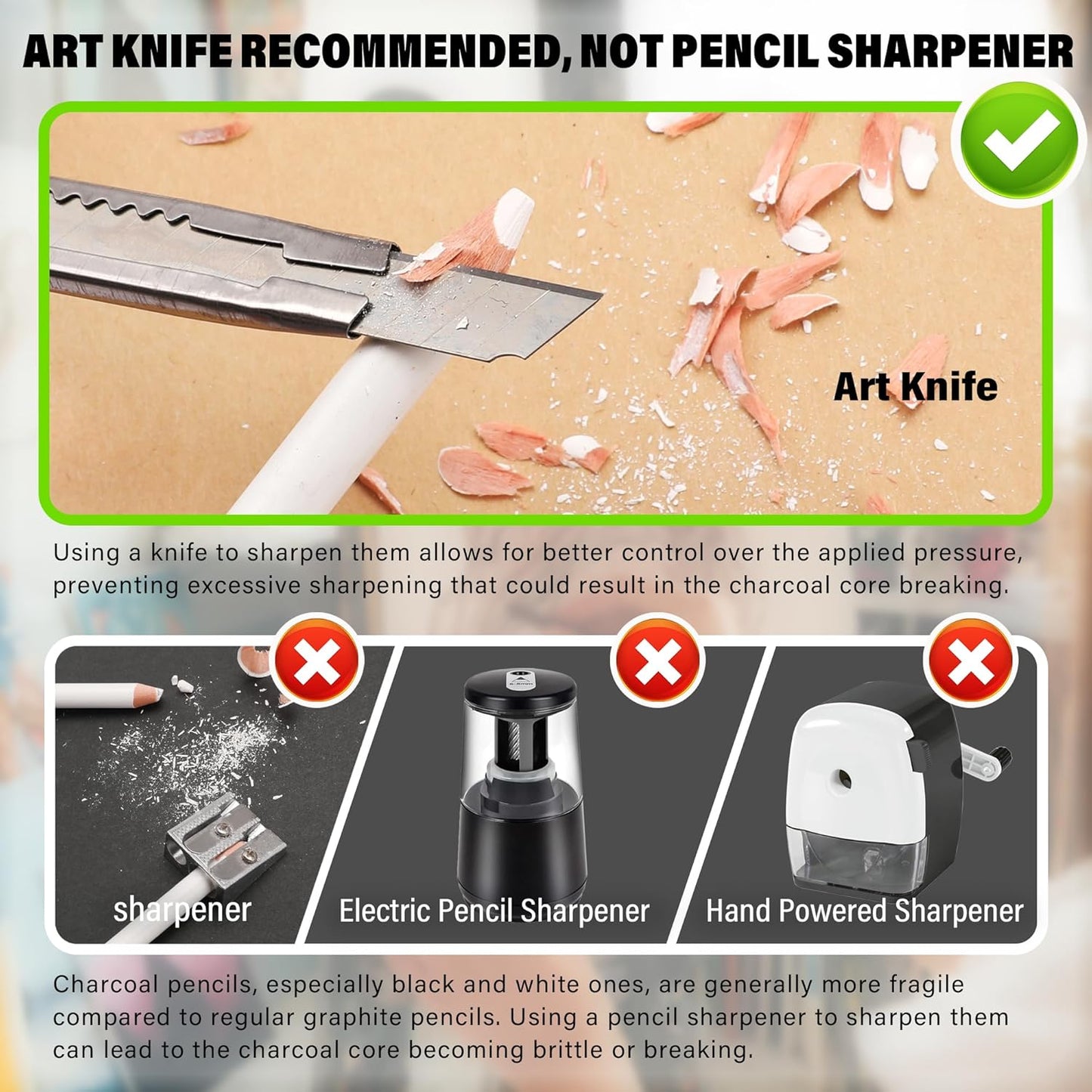 KALOUR White Charcoal Pencils Drawing Set, Professional 6 Pieces White Sketch Pencils for Drawing, Sketching, Shading, Blending, Chalk for Beginners & Artists