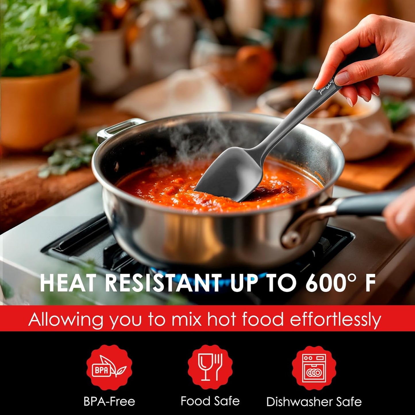 Silicone Spoon Spatula - 600ºF Heat-Resistant Non-Stick Rubber Spoonula | Use as Silicone Kitchen Scraper Utensil - Baking and Cooking Strong Stainless Steel Core | UpGood Kitchen Utensils, (Grey)