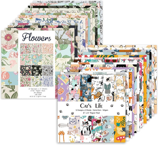 48 Sheets 24 Designs Scrapbook Paper Pad, 6"×6" Single-Sided Decopodge Craft Cardstock Paper,Scrapbooking DIY Decorative Background Cardmaking Supplies.Cat's Life&Flowers