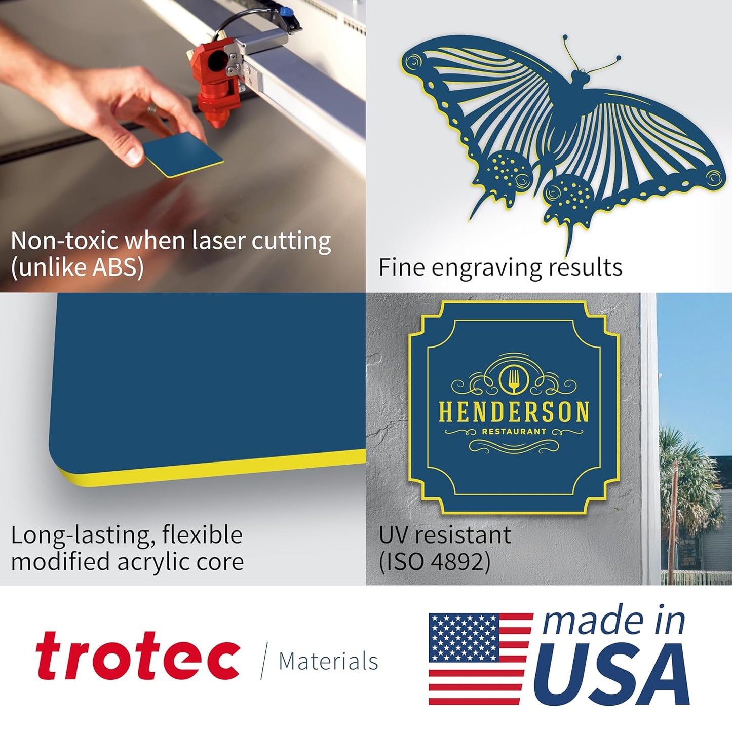 Trotec TroLase | 12"x24"x1/16", 4 Pcs | Sky Blue/Yellow | 2 Ply | Modified Acrylic | Laser Engraving Double Color Plastic Sheet | Engraving Blanks for Laser, Saw, Guillotine | Made in USA