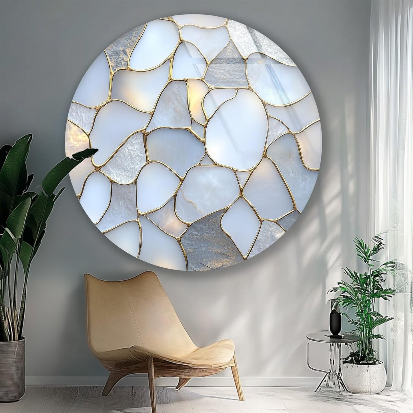 My Photostation.com 15.8''(40cm) Diameter White Stone Mosaic Round Glass Wall Art Tempered Glass Printing Wall Decor Large Wall Art Wall Hangings