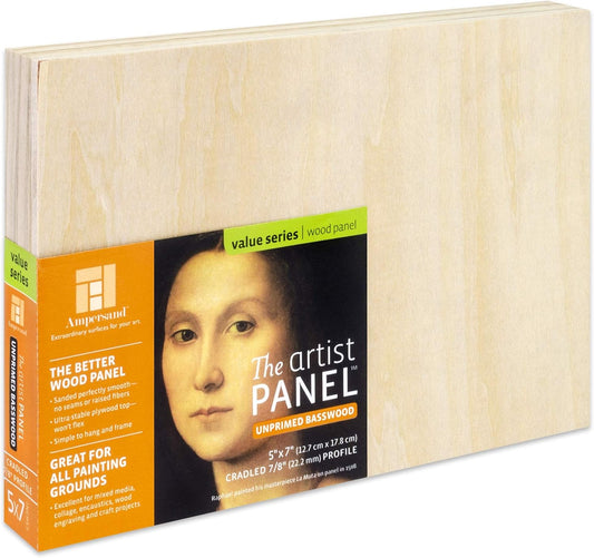 Ampersand Art Supply Unprimed Basswood Artist Panel, 7/8" Cradled Profile, 5"x7"
