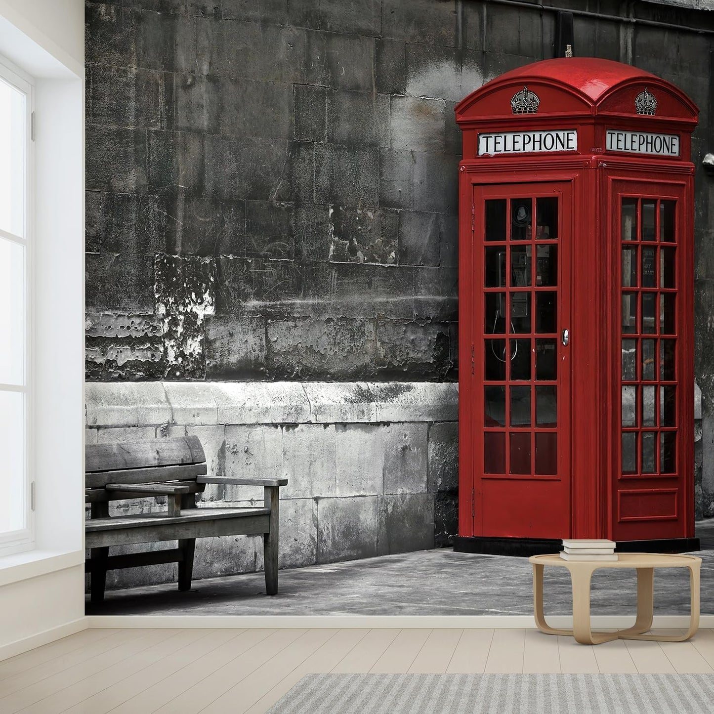 wall26 Wall Sticker/Wall Mural British Phone Booth in London, Not Peel and Stick, Non-Woven Wallpaper Decorative for Bedroom, Living Room,Office - 132x120 inches