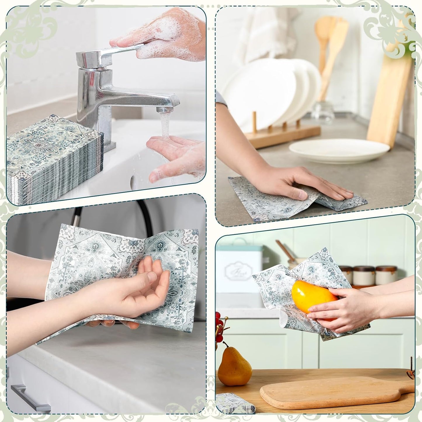 Yeaqee 100 Pcs Vintage Boho Napkins Paper Guest Towels 2 Ply Decoupage Napkins Disposable Decorative Hand Towel for Bathroom Kitchen Fall Wedding Party Dinner(Blue and Grey)