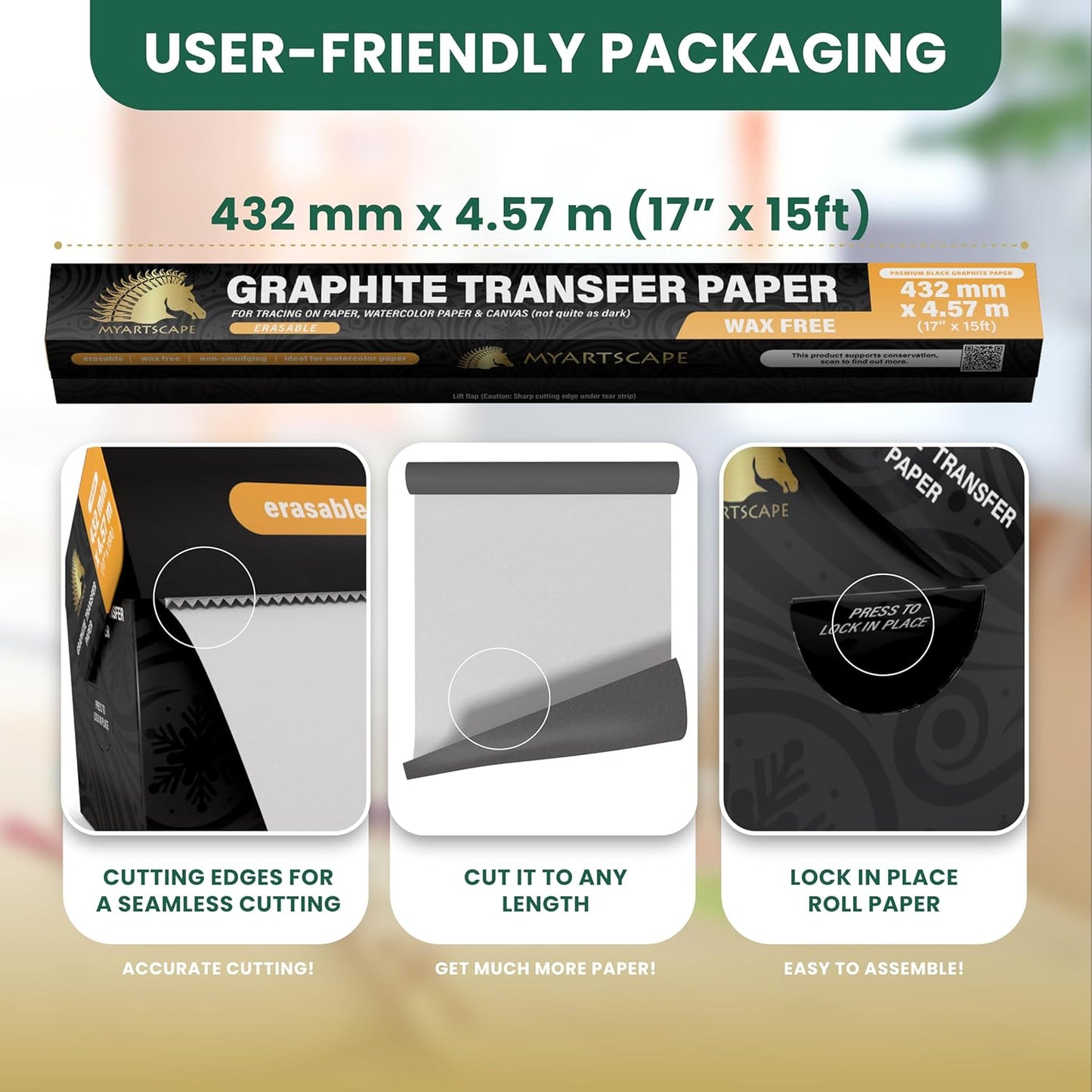 MyArtscape Graphite Transfer Paper Roll, Wax-Free, 17" x 15ft Transfer Paper Roll, Graphite Paper, Precise Carbon Paper Ideal as tracing Paper for Drawing