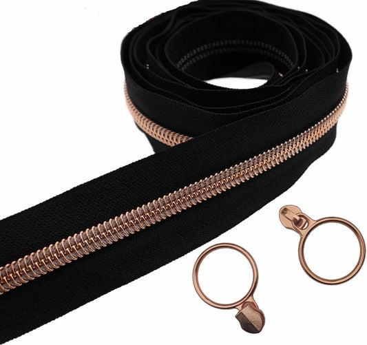 Leekayer #5 Rose Gold Metallic Teeth Nylon Coil Zippers by The Yard Bulk 10 Yards Black Zipper Tape with 25pcs Rose Gold Ring Pull Sliders for DIY Sewing Tailor Craft Bag(Black)