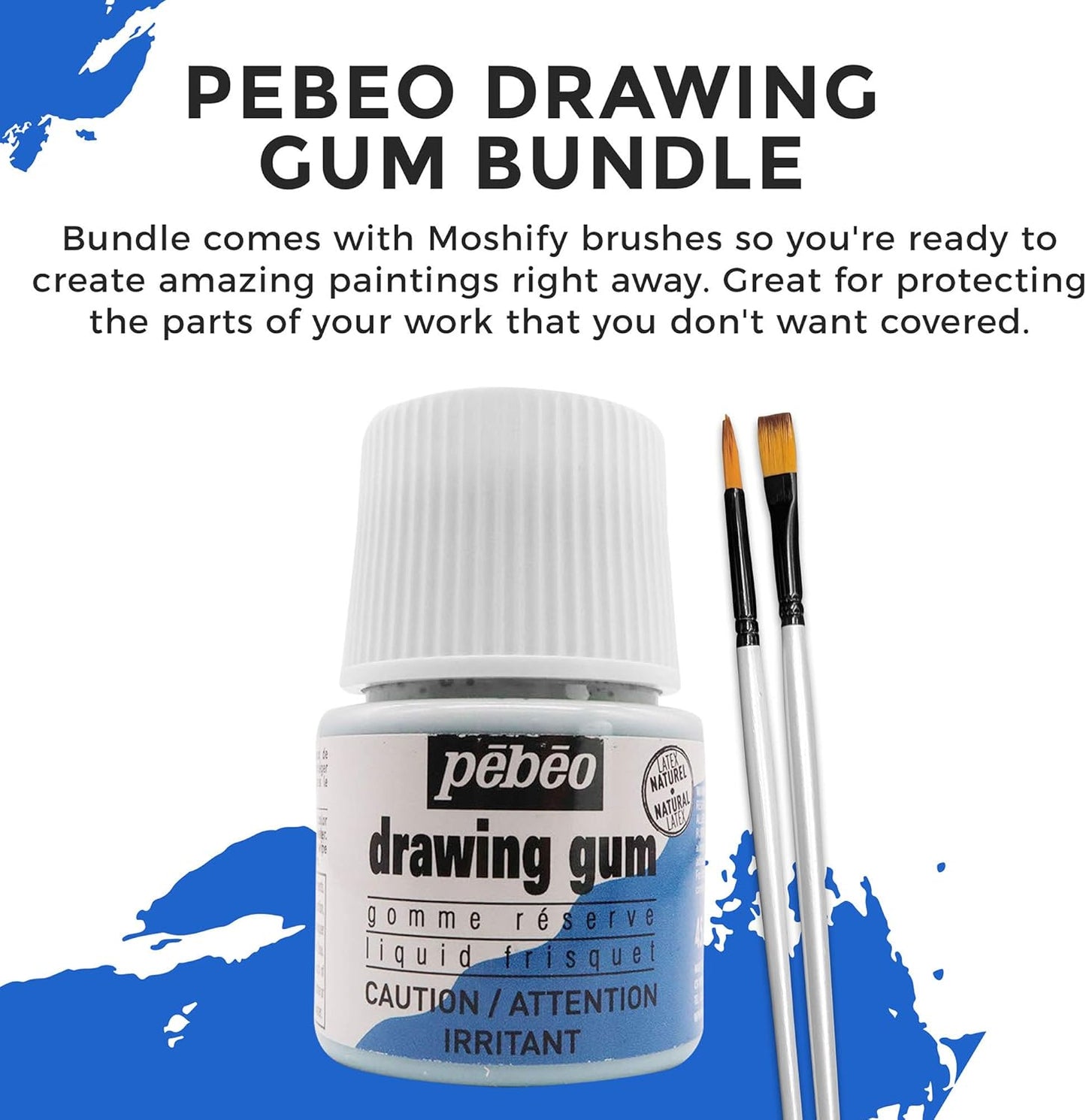 Pebeo Drawing Gum Made in France - Masking Fluid for Watercolor Painting and Various Art Projects - Bundled with Moshify Applicator Brush Set
