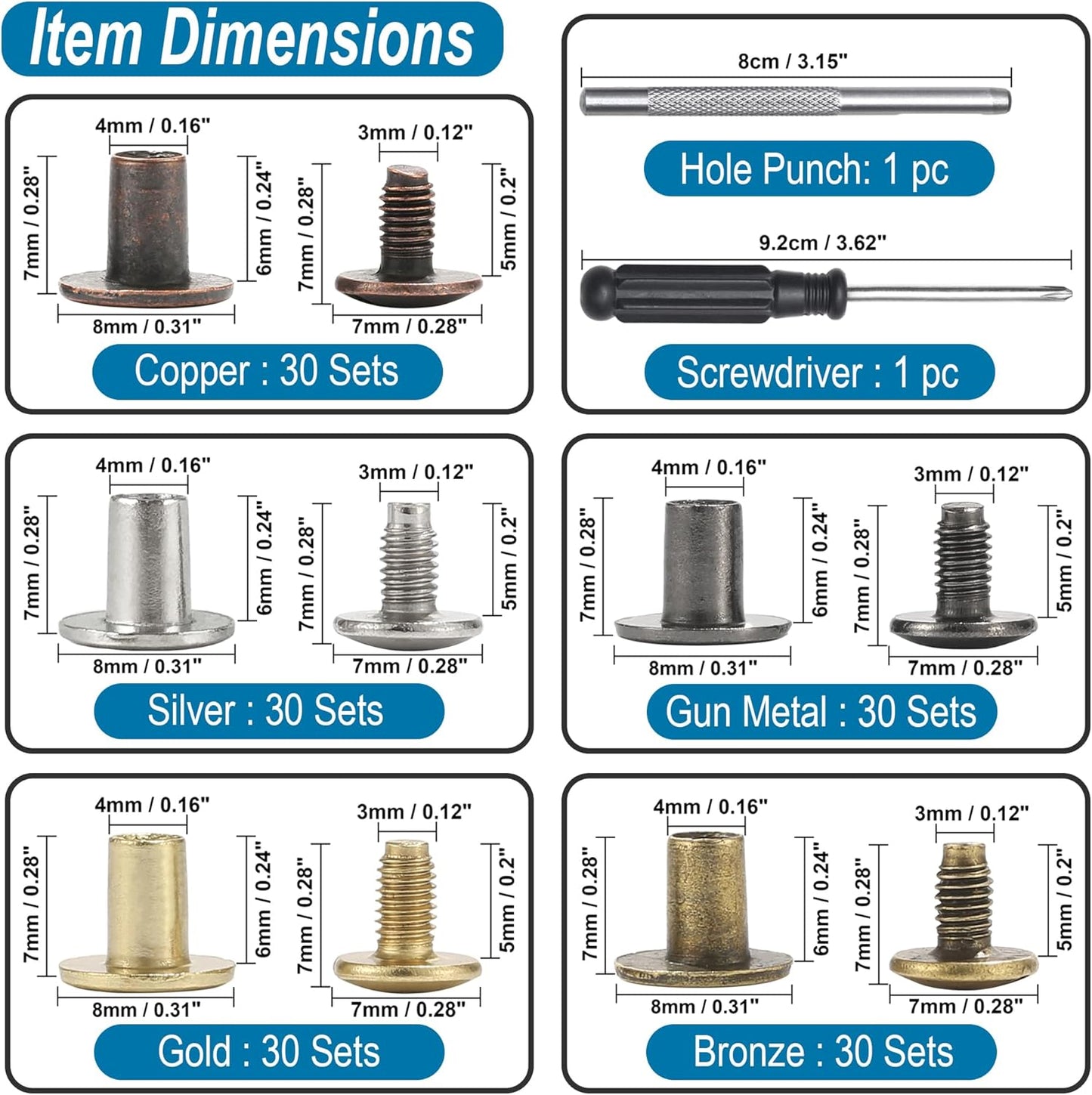 YORANYO 150 Sets 8MM Chicago Screws Leather Rivets for Fabric Chicago Binding Screws Buttons Metal Studs Rivets for Decorate and Repair Belts Bags Shoes Purse Dog Collar Leather Craft (Mixed Color)