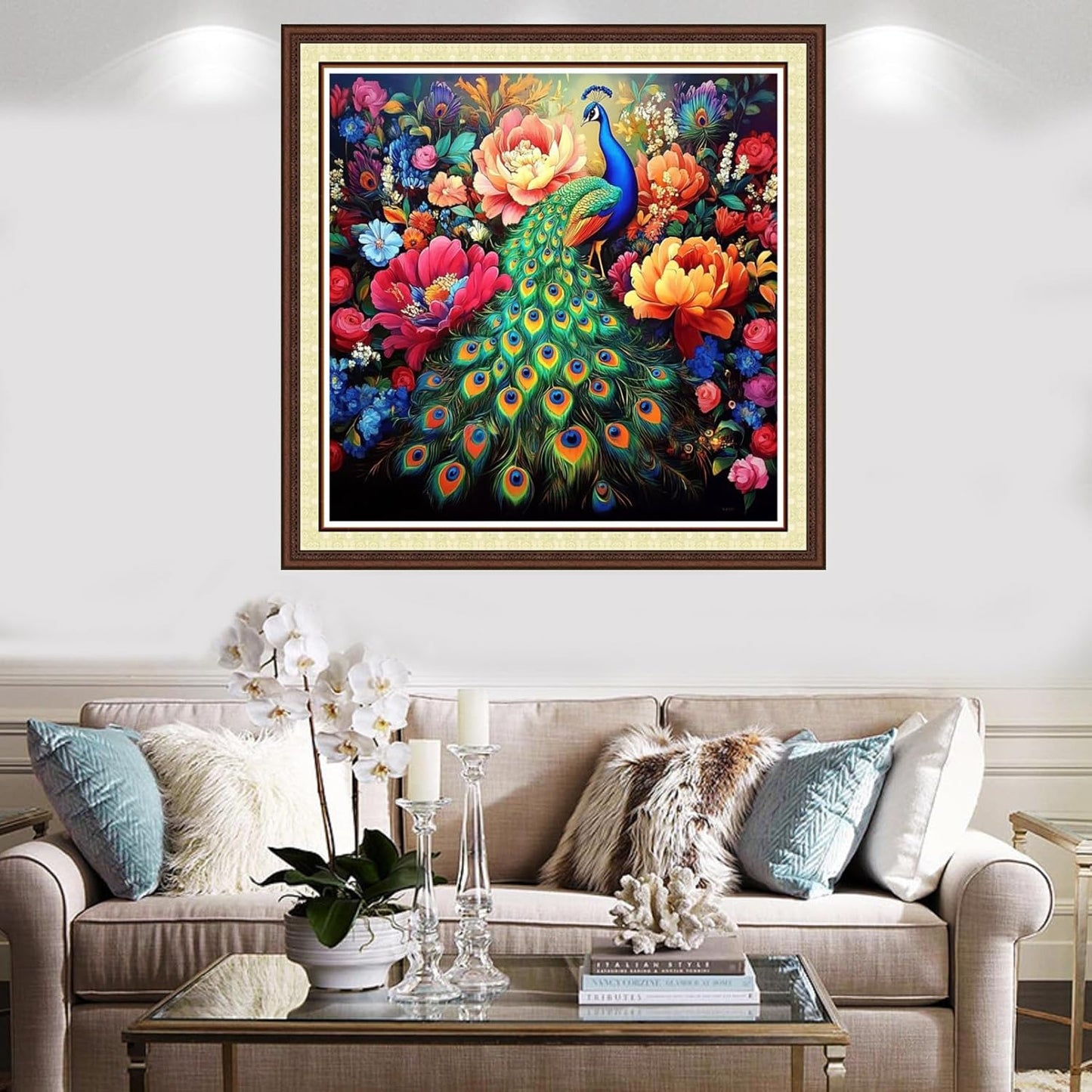 Findvoor Counted Cross Stitch Kits for Adults Full Range of Cross Stitching Embroidery Unprinted Pattern for Beginners, 11CT Needlepoint Kit Patterns Embroidery Kits-Colorful Peacock Flower 18x18 inch