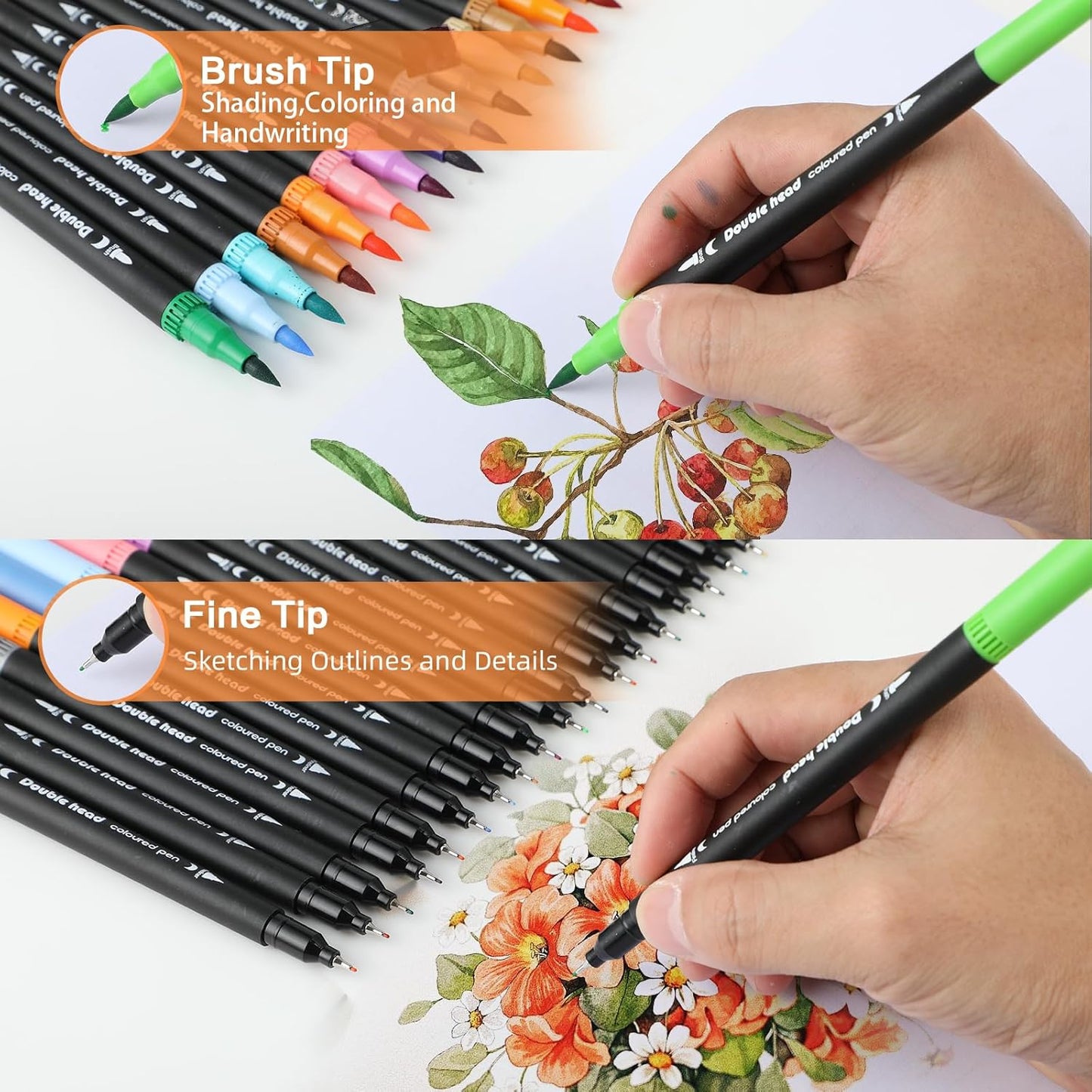60 Colors Dual Tip Brush Pens, Fine Felt Tip and Brush Tips Colored Pens for Adults and Kids, Coloring Markers for Coloring Book Bullet Journaling Note Taking Hand Lettering