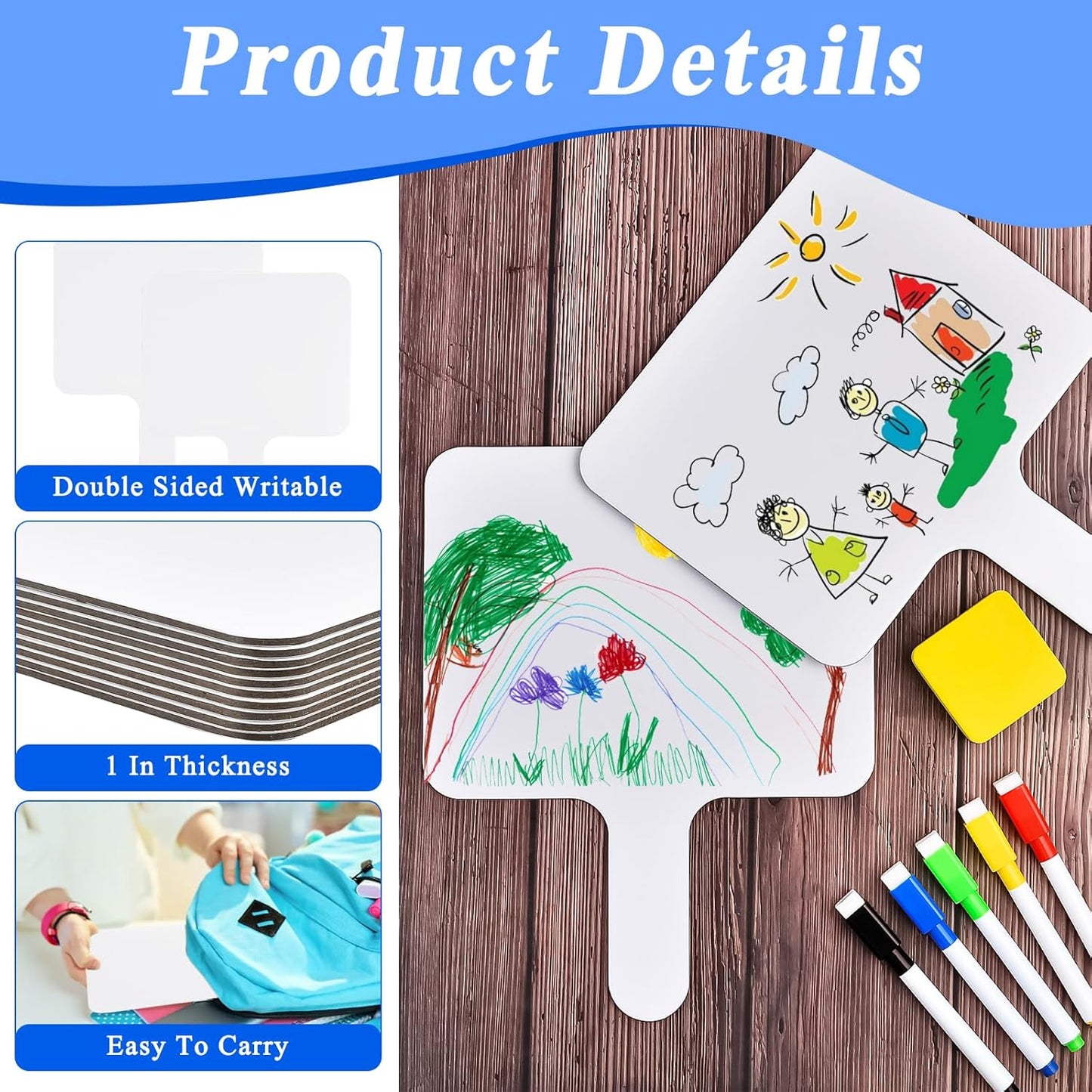 24 Pcs Dry Erase Answer Paddle, 10 x 8 Inch Auction Paddles with Markers and Erasers, Handheld White Board with Handle for Teaching Meeting Bidding Voting Games (Double Sided)