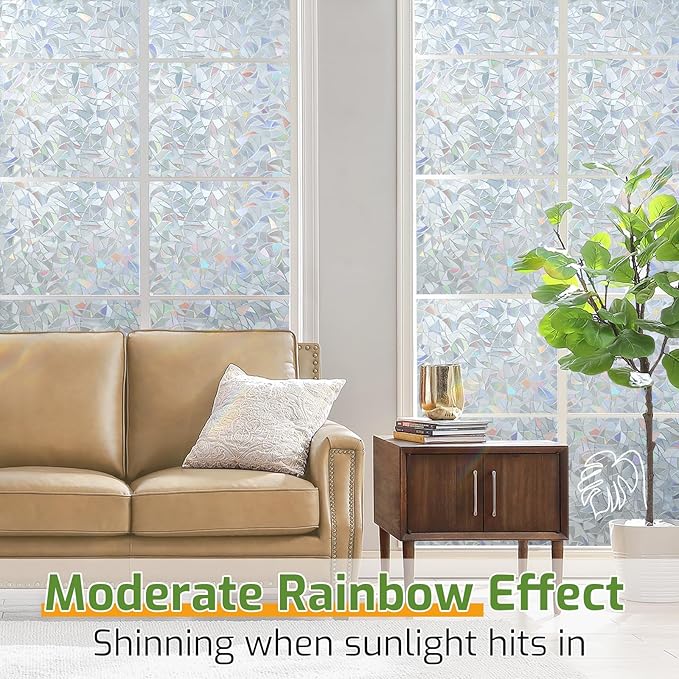LUTE Window Privacy Film, Rainbow Window Flim, 3D Decorative Stained Glass Cling, Non-Adhesive Vinyl Static Cling UV Blocking Heat Control One Way Glass Covering for Home, Silver, 17.5 x 78.7 inches