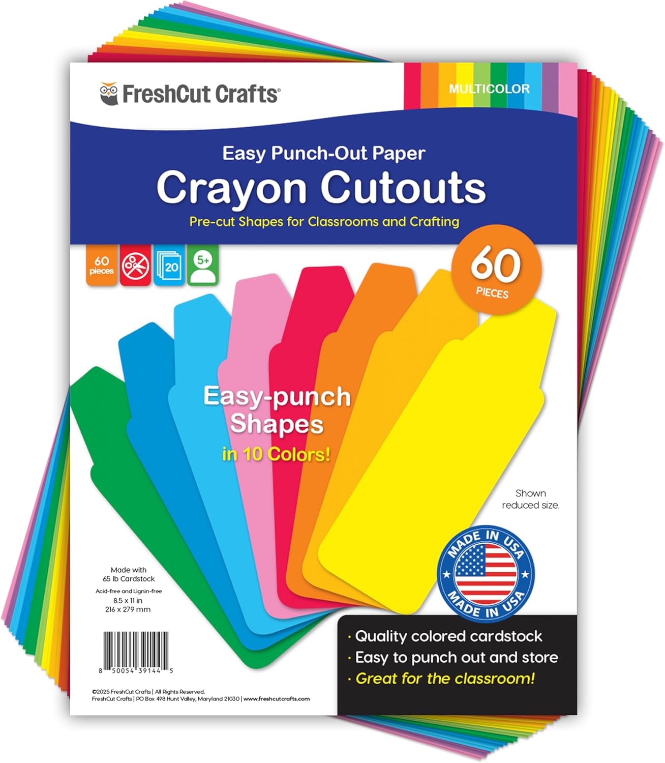 60 Pieces Crayon Cutouts for Kids Crafts, Bright Paper Crayon Shapes for Bulletin Boards, Back to School Projects, Classroom Name Tags, Double Sided Cardstock, Made in USA