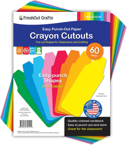 60 Pieces Crayon Cutouts for Kids Crafts, Bright Paper Crayon Shapes for Bulletin Boards, Back to School Projects, Classroom Name Tags, Double Sided Cardstock, Made in USA
