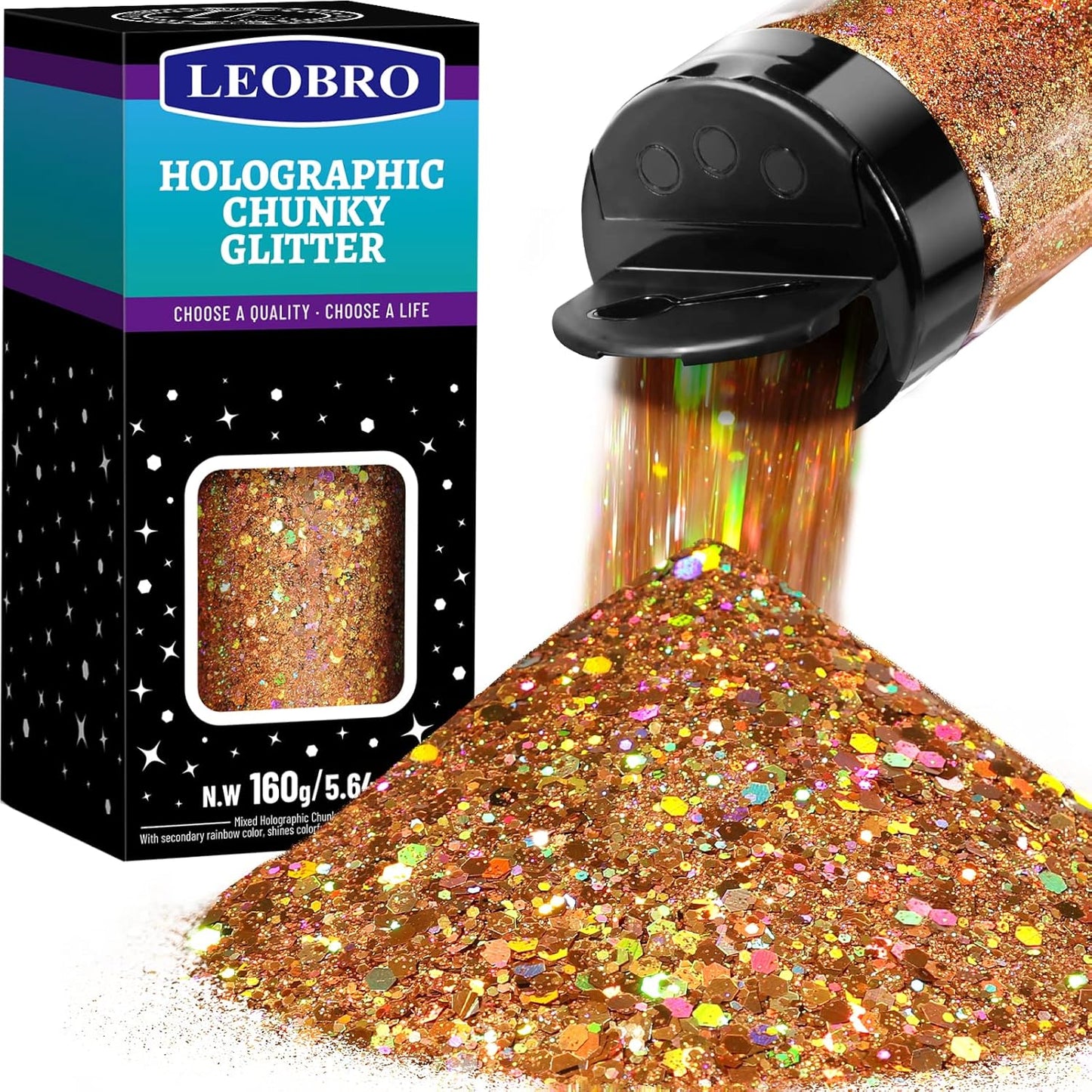 LEOBRO Ancient Gold Glitter, 160g/5.64oz Holographic Chunky Glitter for Crafts, Resin, Nail Body, Tumblers, Party Decorations