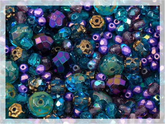 1.8oz (50g) of Blue Purple Mix of Czech Faceted Fire Polished Beads (Round, Catherdal, Rondelle)