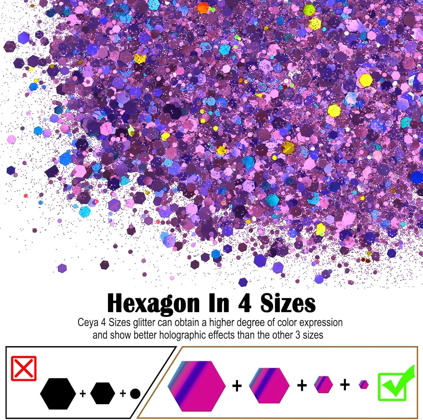 Ceya Holographic Chunky Glitter, 4.9oz/ 140g Purple Craft Glitter Powder Mixed Chunky & Fine Flakes Iridescent Nail Sequins for Nail Art, Hair, Epoxy Resin, Tumblers, Slime, Painting, Festival Decor