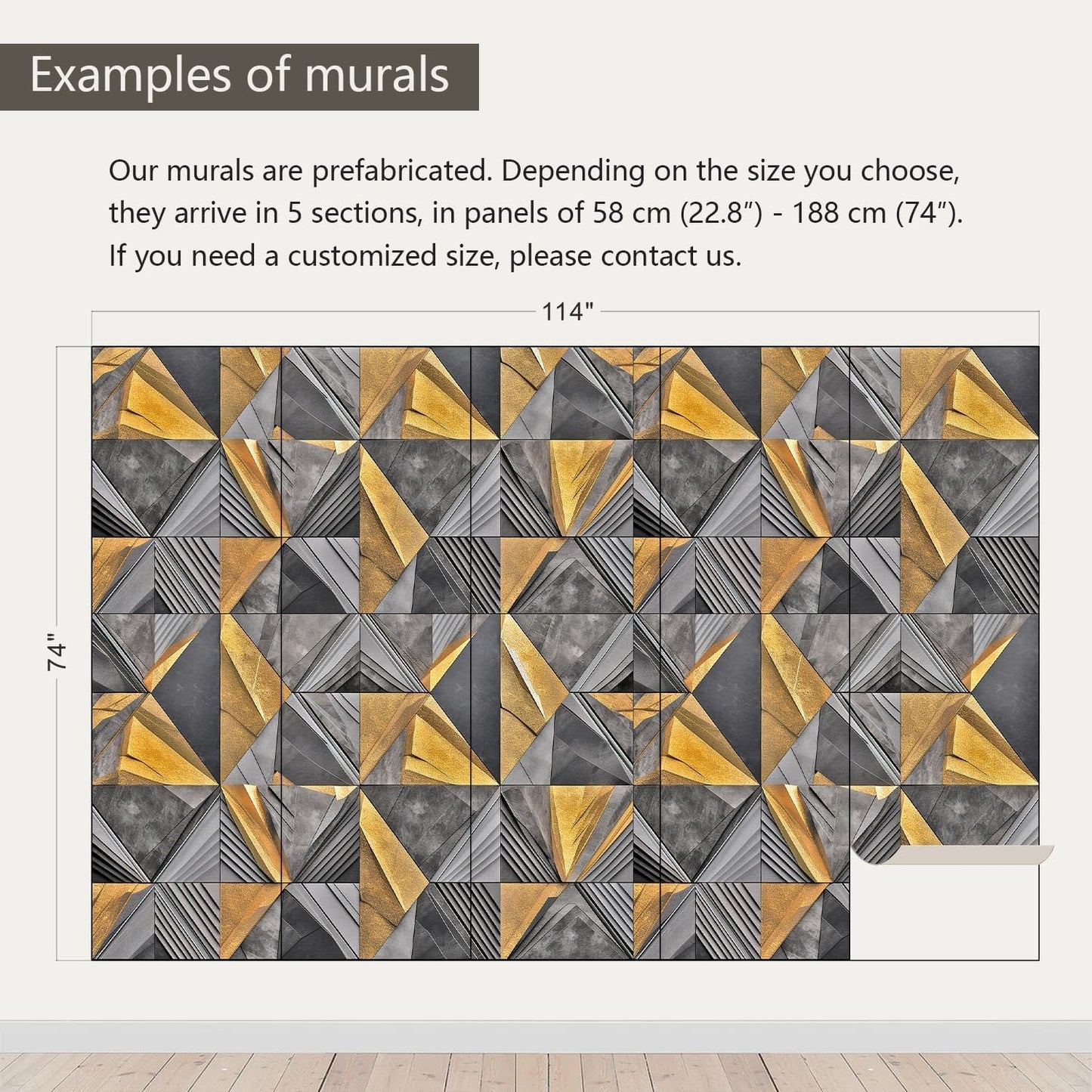 AFZEVEB-3D Geometric Wall Mural Gray and Gold Wallpaper for Bedroom 114"x74"(Not Peel and Stick)