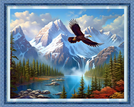 Dooxvey Cross Stitch Kits for Adults Beginners - Full Range of Stamped Kits - 11CT Cross Stitch Patterns - Mountain River Flying Eagles - 16x20 inch