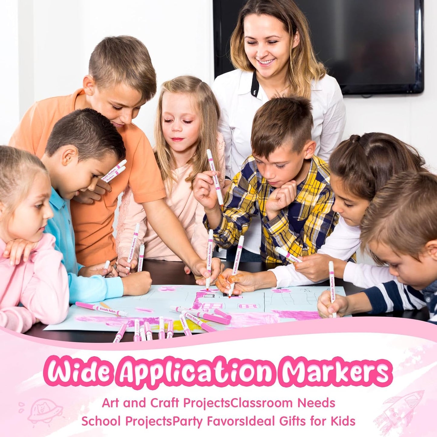 18 Pcs Line Washable Markers Bulk Pink Fine Tip Markers Set Coloring Thin Tip Drawing Washable Pen for Kids Art School Classroom Back to School Gender Reveal Party Supplies, Ages 6+