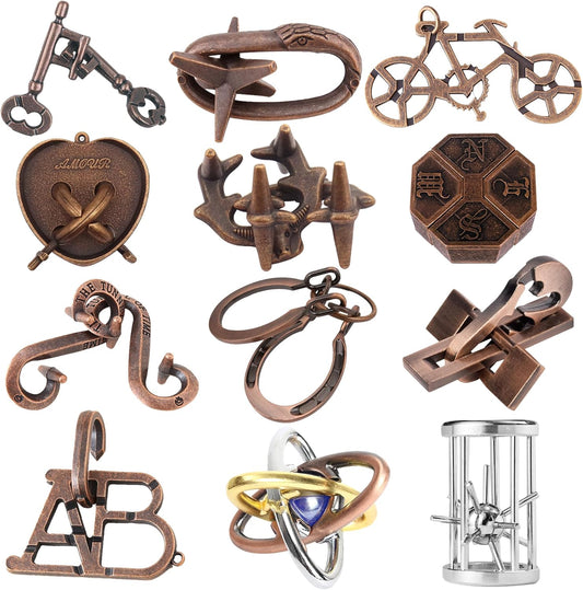 12Pcs Brain Teaser Puzzles for Adults and Teens, 3D Metal Puzzle Set with Various Difficulty Levels, IQ Logic Challenge Disentanglement Game, Fun Handheld Brain Teasers for Focus, Gifts for Boys Girls