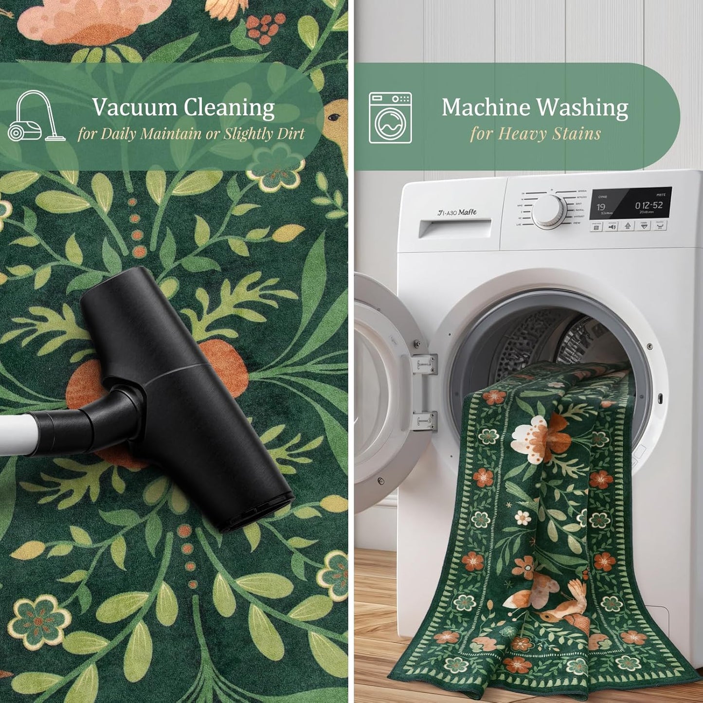 Morebes Washable Floral 5x7 Green Area Rug for Living Room, Large Boho Bird Rug for Bedroom Non Slip, Soft Vintage Plant Floor Carpet for Nursery Dining Kids Room Playroom Emerald Green