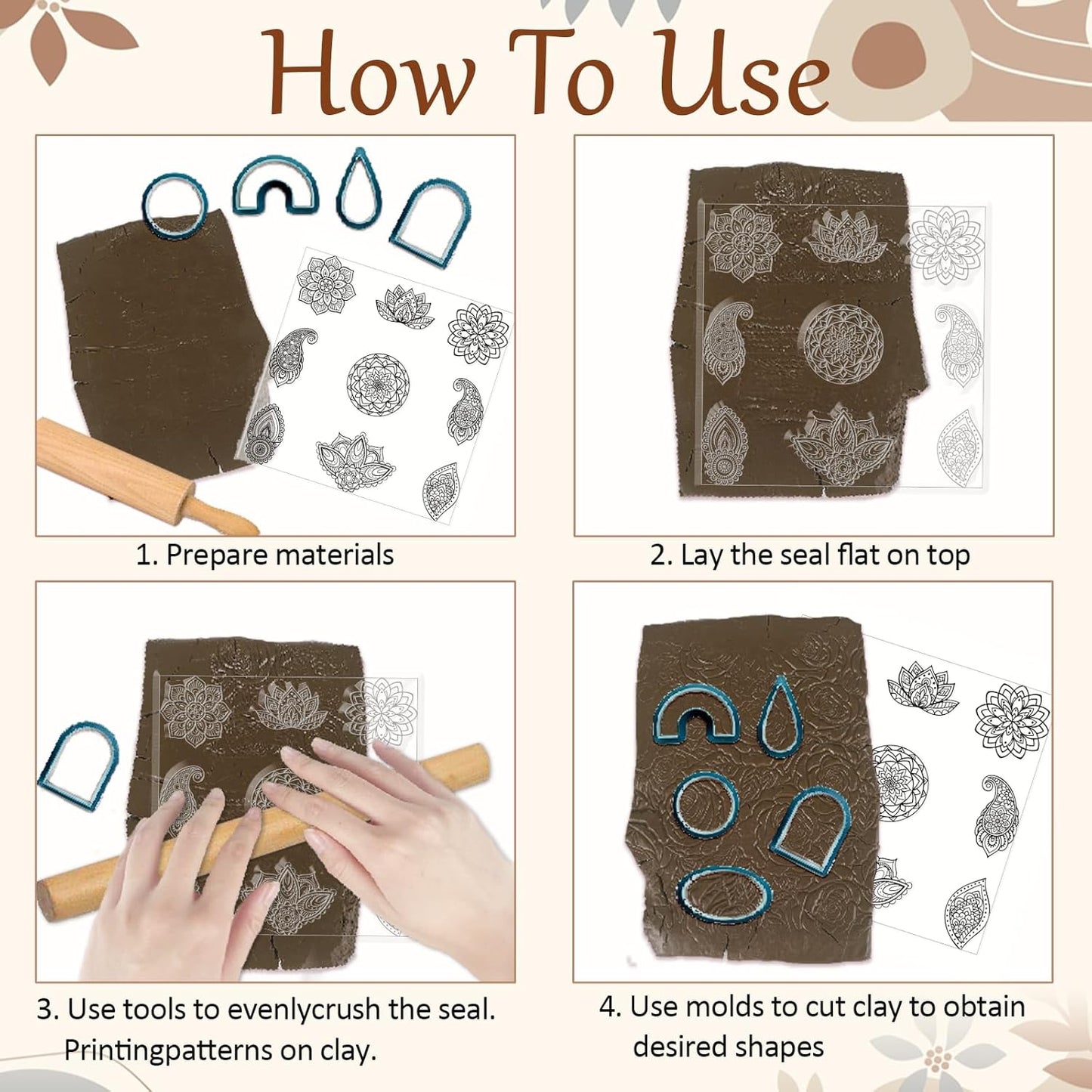 CHGCRAFT Mandala Polymer Clay Texture Sheets Single Mandala Floral Paisley Pattern Silicone Texture Stamp Clay Texture Mat Modeling Pattern Pad Sheets for Jewelry and Earrings Tools, 5.5x5.5 inch