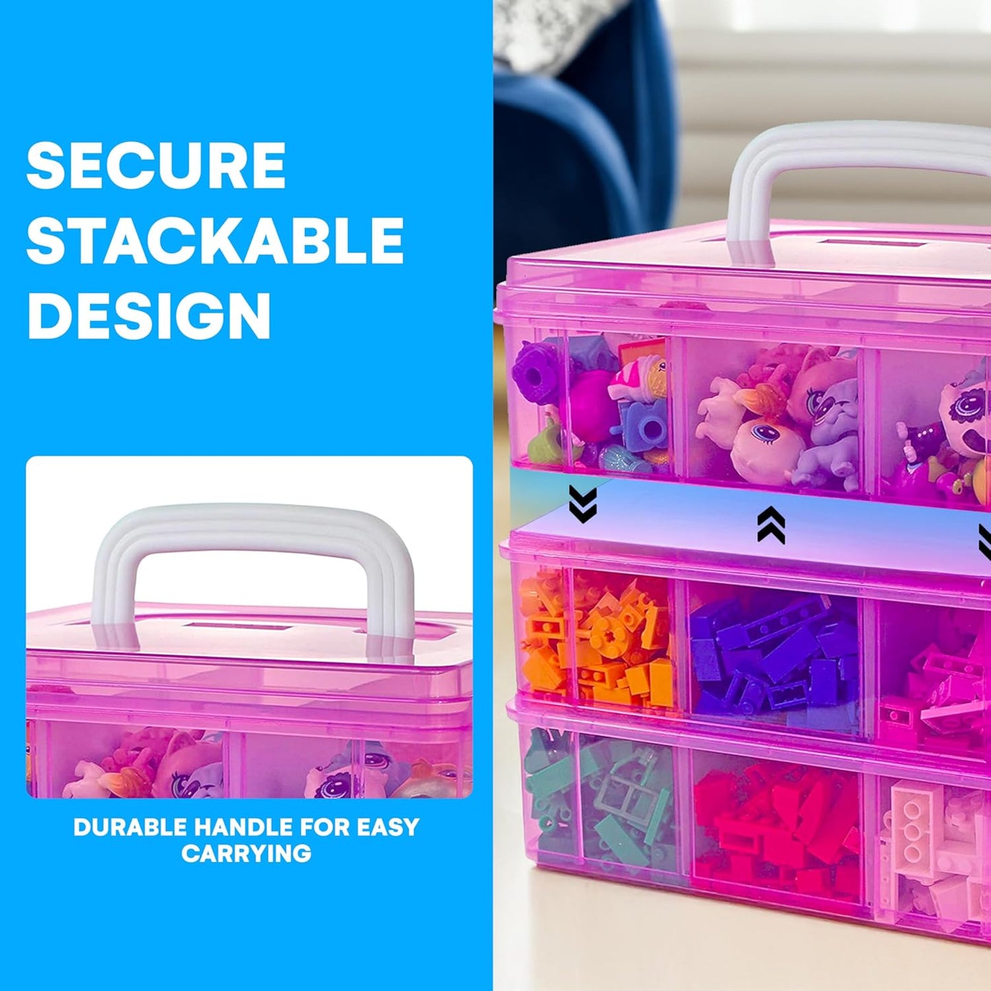 Bins & Things Bead Organizer with Adjustable Compartments - Durable Toy Organizers and Storage Solution for Dolls, Crafts, Mini Toy Figures, Jewelry and Beads - 3 Tier, 18 Compartments