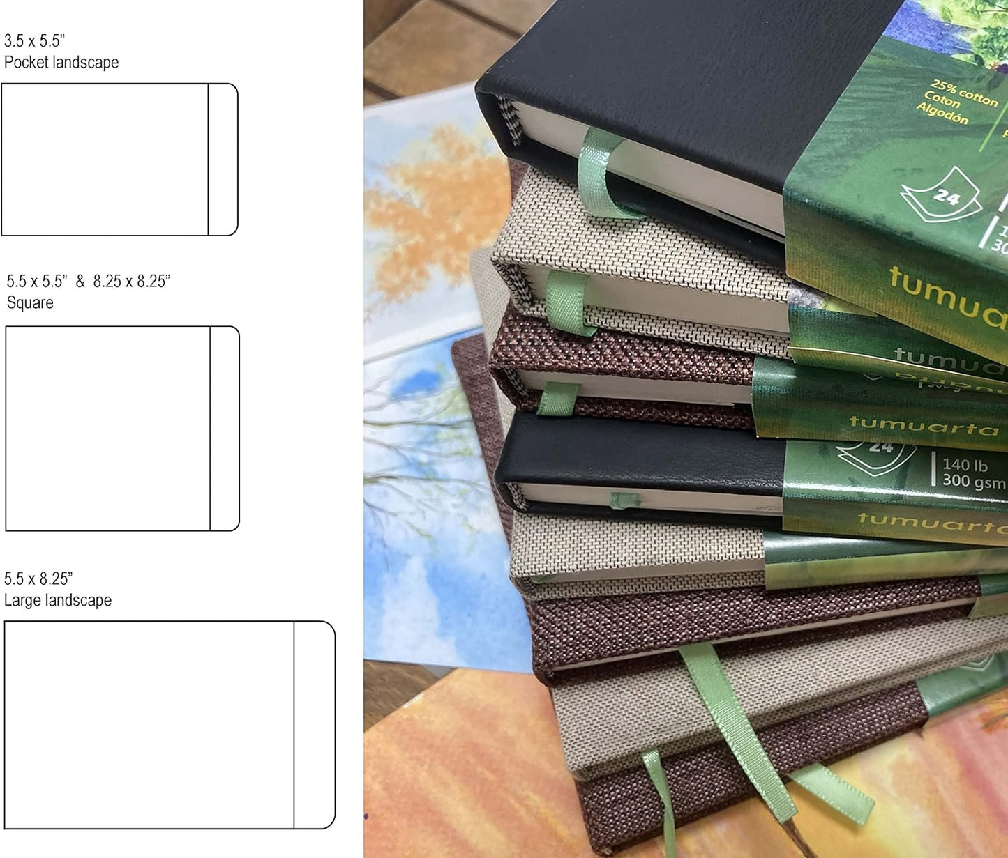 tumuarta Watercolor Journal,140 LB, 300 GSM, Cotton Paper, Cold Press, 24 Sheets, 48 Pages, Watercolor Paper Sketchbooks for Use As Travel Notebook and Mixed Media Pad, 5.5x5.5