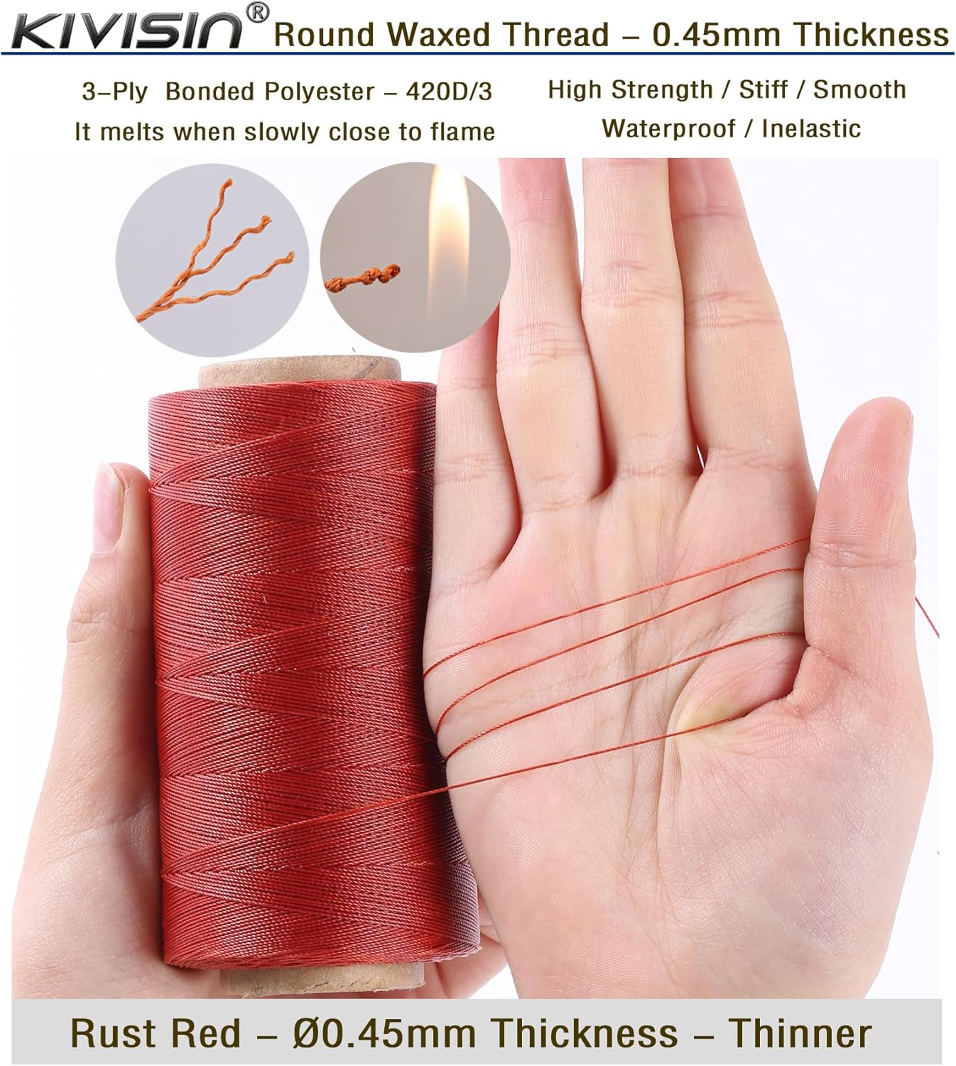 Thin Wax Polyester Thread, 0.45mm, 547 Yards, 3 Ply Round Waxed Cord Strings for Sewing, Beading, Binding, Micro Braiding, Fine Leather Craft and Micro Macrame Jewelry - Rust Red