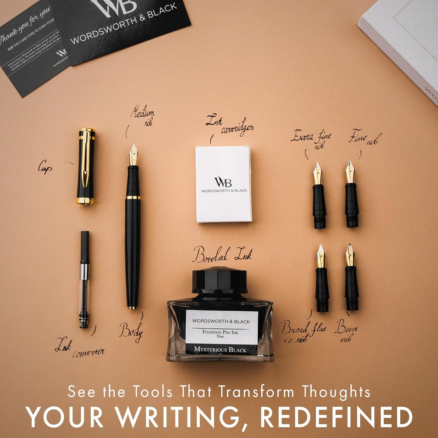 Wordsworth & Black Fountain Pen Gift Set, Includes Bottle, 6 Cartridges, Refill Converter, 4 Replacement Nibs, Premium Package, Journaling, Calligraphy, Smooth Writing Pens [Black Gold]