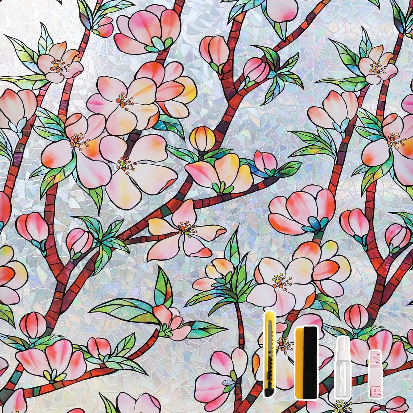 NINETREX Window Privacy Film,3D Stained Glass Window Film,Rainbow Static Cling Stickers Blocks Heat & UV,Non-Adhesive Vinyl for Home Door (Peach Blossom,17.5 x 78.7inch)