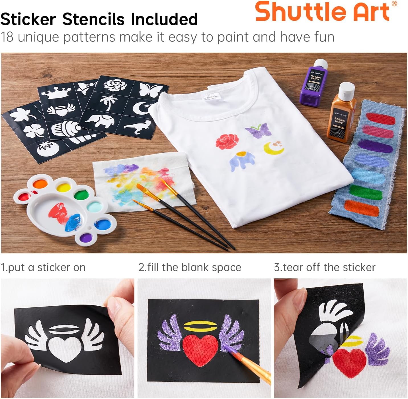 Shuttle Art Fabric Paint, 18 Colors Permanent Soft Fabric Paint in Bottles (60ml/2oz) with Brushes, Palette, Stencils, Non-Toxic Textile Paint for T-Shirts, Shoes, Jeans, Bags, DIY Projects&Art