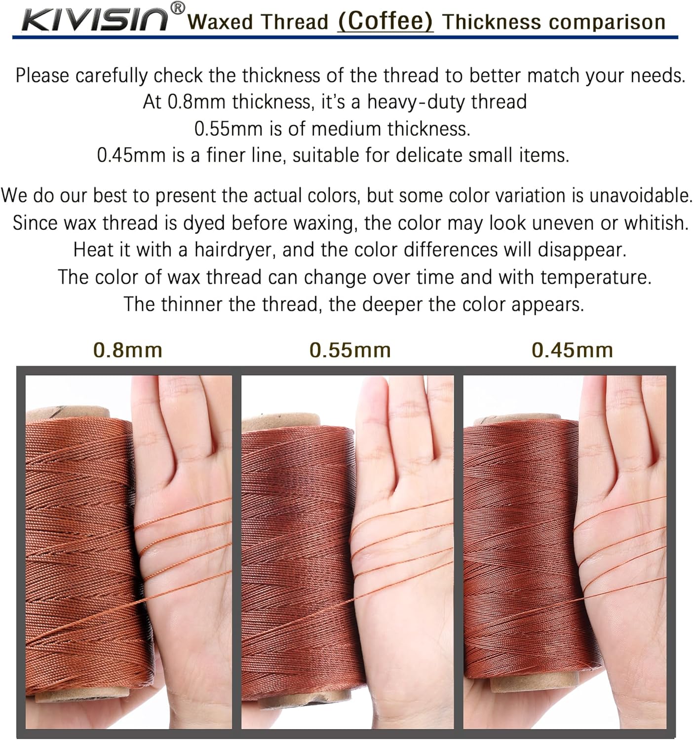 Bonded 0.8mm Round Waxed Polyester Cord, 3-ply Wax Coated Thread, 197 Yards Stiff String for Heavy Duty Fabric, Leather Sewing, Book Binding, Upholstery Repair, and Macrame Jewelry - Coffee