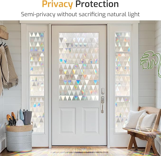 LUTE Window Privacy Film, Decorative Stained Glass Rainbow Window Clings, Sun Blocking Glass Covering, Renter-Friendly Static Cling Sticker Frosted Decals for Home Door Office, 35.4" x 157.4"