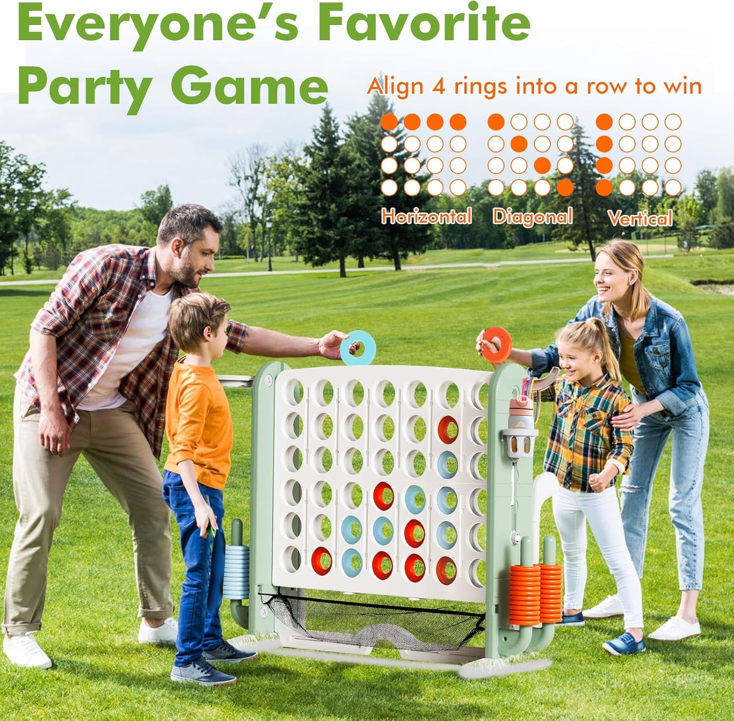 Giant 4 in a Row Connect Game with Mesh Fabric | Height Adjustable 4-in-1 Jumbo 4-to-Score Yard Game Set with Basketball, Golf & Ring Toss | Outdoor Indoor Family Yard Party Game for Kids & Adults