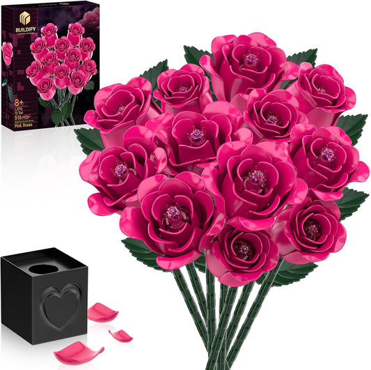 12 Everlasting Roses Bouquet Building Set, Gothic-Style Botanical Diary Series, Includes Heart-Shaped Gift Box Base, The Best Gifts for Your Wife and Family on Birthdays and Holidays (516 PCS)