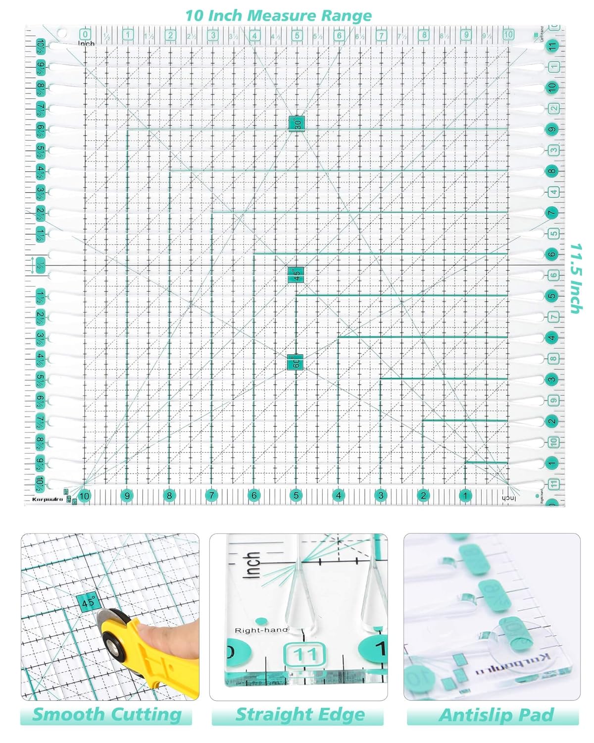 Quilting Ruler for Precise Fabric Cutting 11.5" x 10.5" Quilt Rulers Quilting Sewing Tools Slotted Rulers for Accurate Measurements and Easy Cutting Fabrics Green