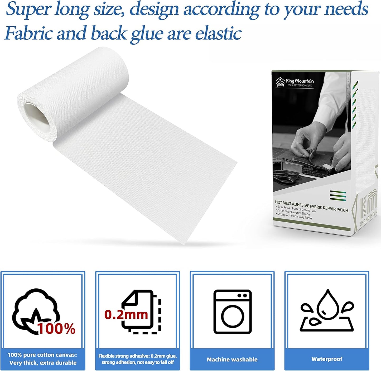 KING MOUNTAIN Canvas Iron on Patch,3"×60",Waterproof 100% Cotton Fabric Repair Patch,Used for Various Sofa,Tent,Clothes,Seats,Suitcases (White)