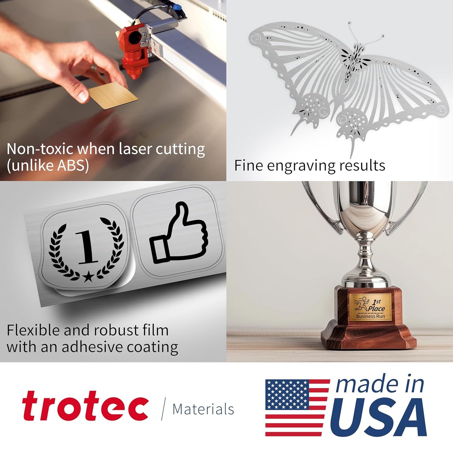 Trotec TroLase Lights | 24"x12"x1/250"(0.1mm thick) | Adhesive-Backed Flexible Laser Engraving Sheet/Film for Decal & Label | Double Color Plastic Sheet for Engraving | Brushed Silver/Black | 10pcs